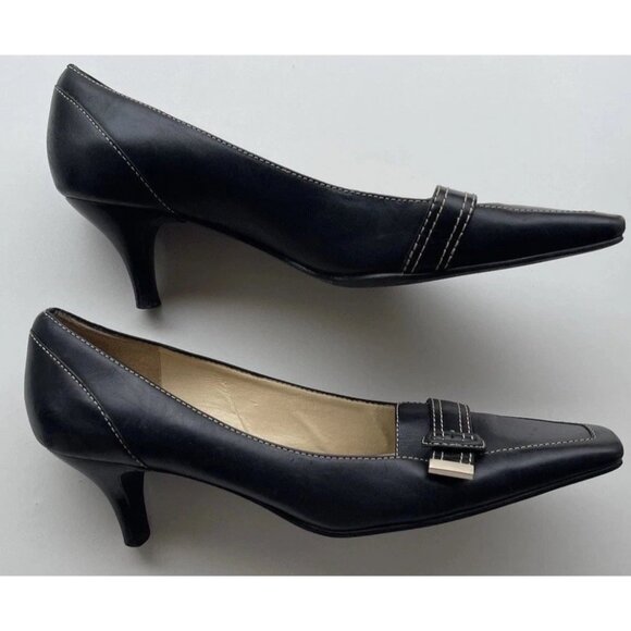 Vintage Ann Taylor Womens Black Kitten Heels w/Square Toes Buckle Stiched Sz 7 - Picture 5 of 16